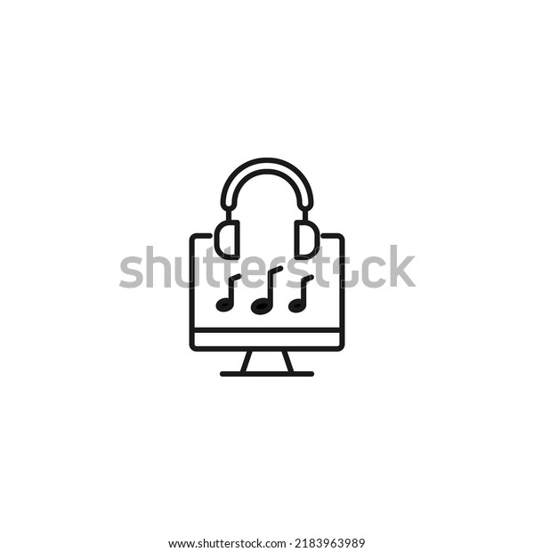 Item on pc monitor. Outline\
sign suitable for web sites, apps, stores etc. Editable stroke.\
Vector monochrome line icon of headphones and notes on computer\
monitor 