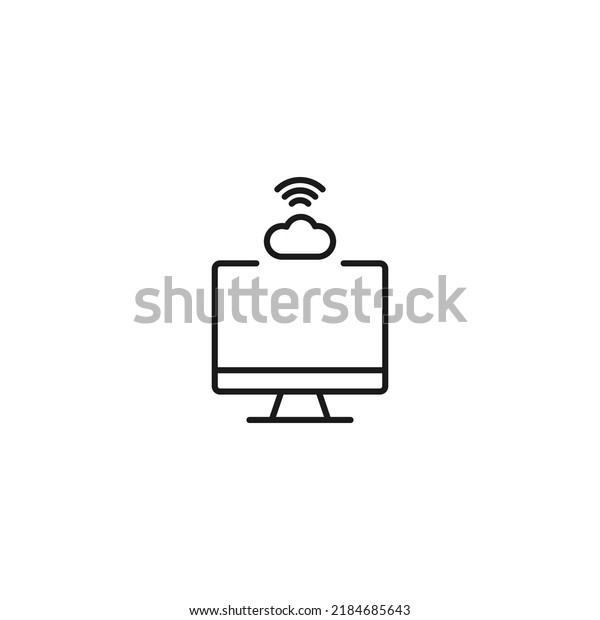 Item on pc monitor.\
Outline sign suitable for web sites, apps, stores etc. Editable\
stroke. Vector monochrome line icon of cloud and internet waves on\
computer monitor 