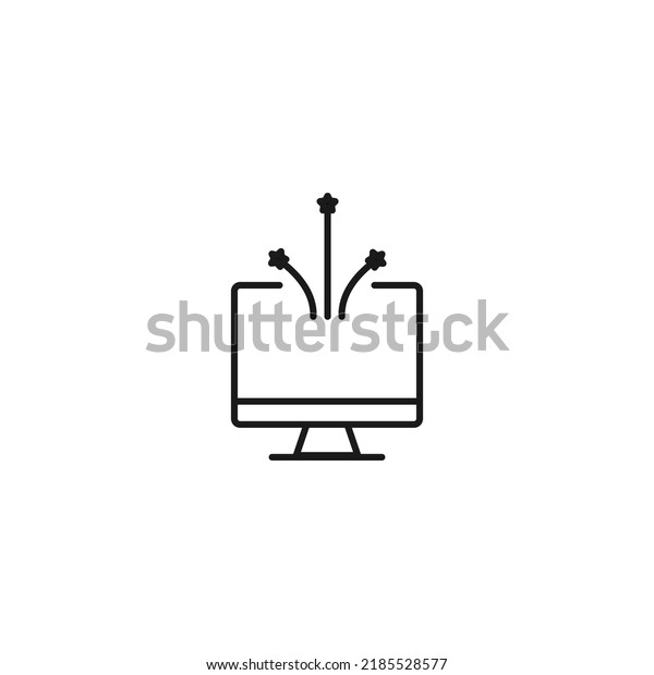 Item on pc monitor. Outline\
sign suitable for web sites, apps, stores etc. Editable stroke.\
Vector monochrome line icon of stars or firework on computer\
monitor 