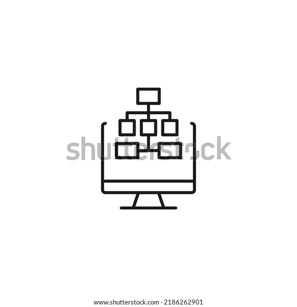 Item on pc monitor. Outline sign\
suitable for web sites, apps, stores etc. Editable stroke. Vector\
monochrome line icon of algorithm on computer monitor\

