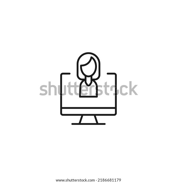 Item on pc monitor. Outline sign\
suitable for web sites, apps, stores etc. Editable stroke. Vector\
monochrome line icon of faceless woman on computer monitor\
