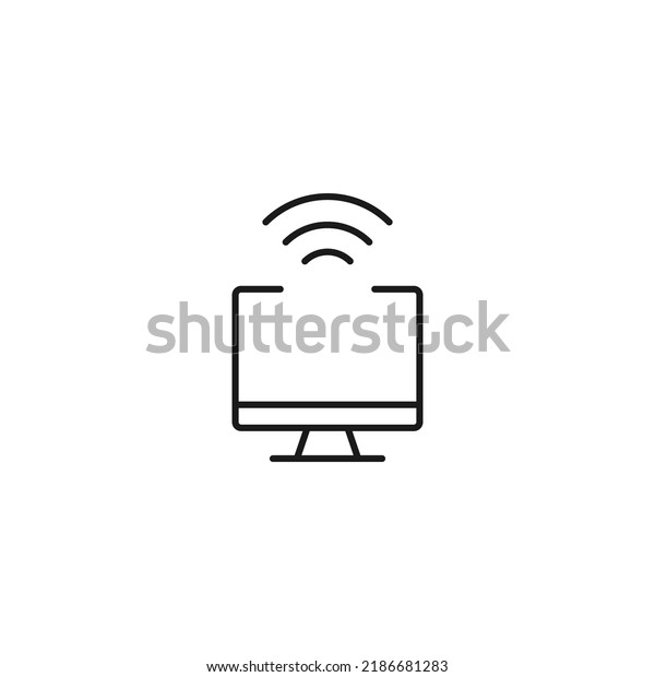 Item on pc monitor. Outline sign\
suitable for web sites, apps, stores etc. Editable stroke. Vector\
monochrome line icon of internet waves on computer\
monitor