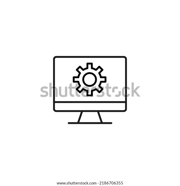 Item on pc monitor. Outline\
sign suitable for web sites, apps, stores etc. Editable stroke.\
Vector monochrome line icon of gear or cogwheel on computer monitor\
