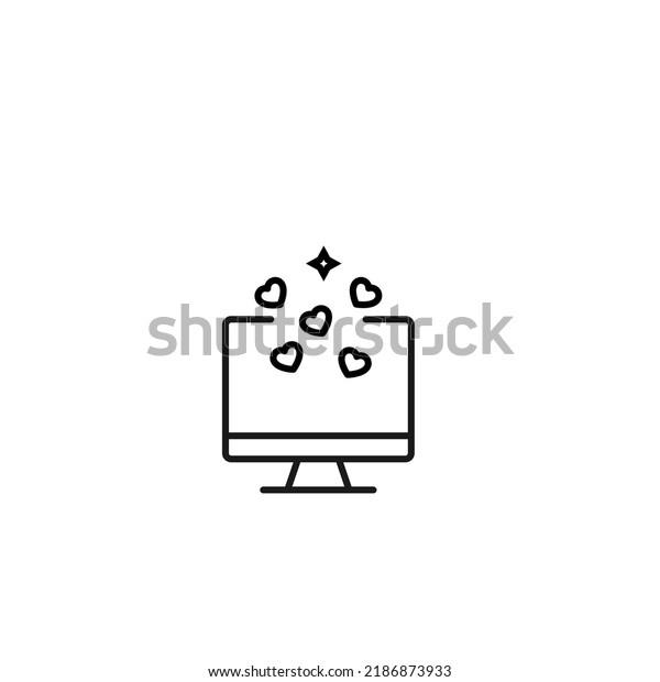 Item on pc monitor. Outline\
sign suitable for web sites, apps, stores etc. Editable stroke.\
Vector monochrome line icon of glow and hearts on computer monitor\
