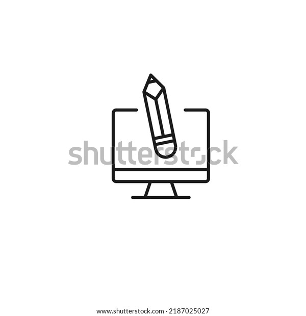 Item on pc monitor. Outline sign\
suitable for web sites, apps, stores etc. Editable stroke. Vector\
monochrome line icon of pencil on computer monitor\
