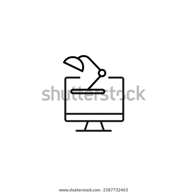 Item on pc monitor. Outline sign\
suitable for web sites, apps, stores etc. Editable stroke. Vector\
monochrome line icon of table lamp on computer monitor\
