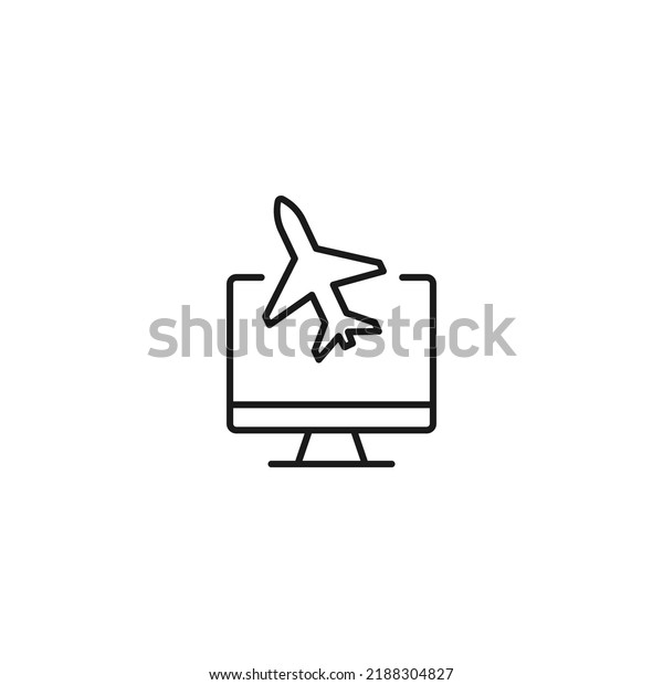Item on pc monitor. Outline sign\
suitable for web sites, apps, stores etc. Editable stroke. Vector\
monochrome line icon of flying plane on computer monitor\
