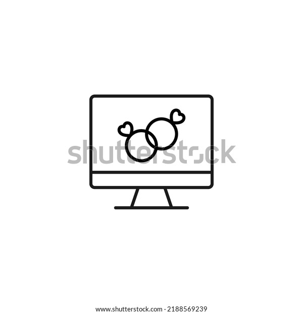 Item on pc monitor. Outline sign\
suitable for web sites, apps, stores etc. Editable stroke. Vector\
monochrome line icon of wedding rings on computer monitor\
