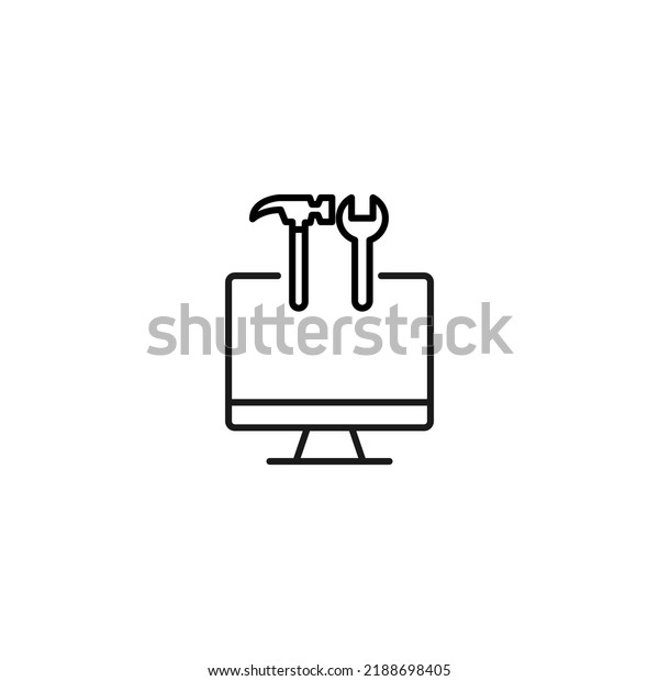 Item on pc monitor. Outline\
sign suitable for web sites, apps, stores etc. Editable stroke.\
Vector monochrome line icon of spanner and wrench on computer\
monitor 