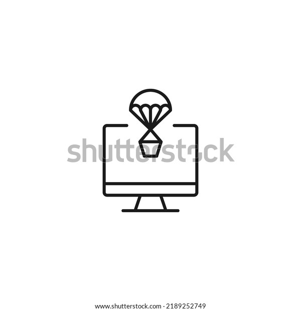 Item on pc monitor. Outline\
sign suitable for web sites, apps, stores etc. Editable stroke.\
Vector monochrome line icon of balloon with basket on computer\
monitor 