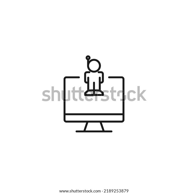 Item on pc monitor. Outline sign\
suitable for web sites, apps, stores etc. Editable stroke. Vector\
monochrome line icon of spaceman on computer monitor\
