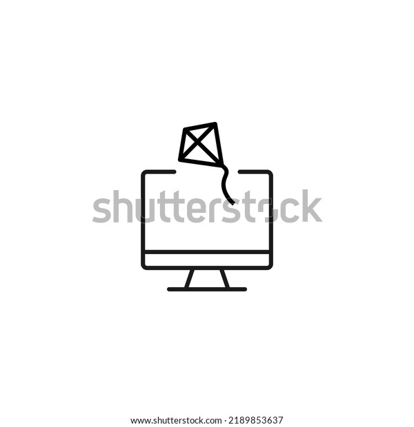 Item on pc monitor. Outline sign\
suitable for web sites, apps, stores etc. Editable stroke. Vector\
monochrome line icon of kite on computer monitor\
