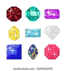 Artículo del juego del pixel con el diamante y la piedra preciosa en el fondo blanco.