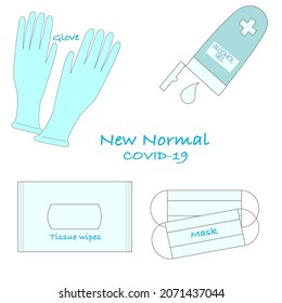 Item to prevent from Covid-19. Mask. Glove. Alcohol gel. Tissue wipes. Vector.