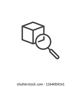 Item search outline icon. linear style sign for mobile concept and web design. Magnifier glass and cube shape simple line vector icon. Symbol, logo illustration. Pixel perfect vector graphics