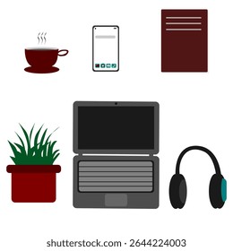 item set coffee, book, laptop, flower, headphone, smartphone icon, flat design, vector illustration, work set.