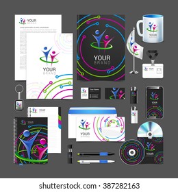 item set corporate identity for your business with people logo bright colorful background on the topic of social networks and modern technology.