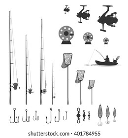 item set is for fishing
rubber boat. landing net and Spinning near baubles, hooks and rotary swivel. vector illustration
