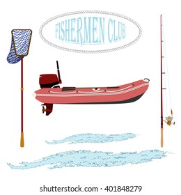
item set is for fishing
rubber boat. landing net and spinning near baubles, and hooks. vector illustration .
