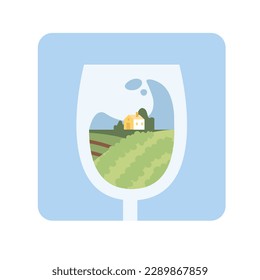 Item of transparent glass and vineyard field countryside. Manufacturing organic wine. Time for making alcoholic drinks. Wine production industry. Vector