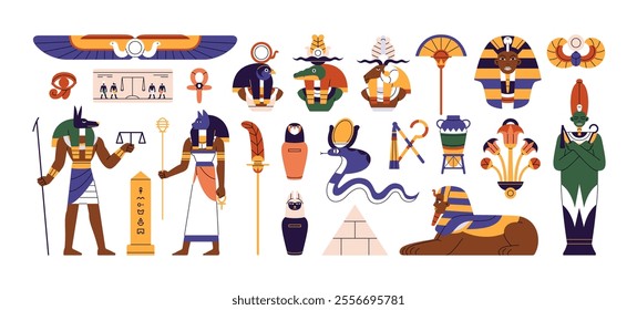 Items of ancient Egypt culture set. History monuments, old Egyptian gods and goddesses: Anubis, Sobek, Sekhmet, Sphinx. Elements of African mythology. Flat isolated vector illustrations on white