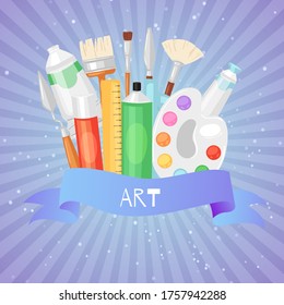 Items for art blue background, set brushes artist, exciting hobby for creating artwork, design, cartoon style vector illustration. Gouache tubes for work, education and skill for pencil drawings.