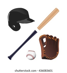 Items for baseball : the ball , glove , bat, helmet. A collection of baseball equipment on a white background