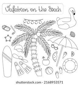 items for the beach, black and white illustration, coloring for children