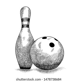 Items for bowling ball and skittle. Pencil sketch.
