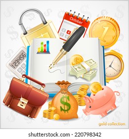 Items of business, money, gold coins vector
