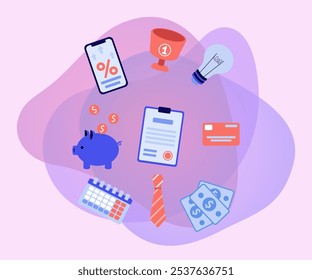 Items for business vector illustrations set. Documents, credit card, tie, lightbulb, investment app on smartphone, money, piggy bank, calendar on white background. Business, finance concept