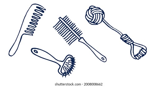  items for the care of a pet dog, isolated on a white background. grooming salon, doodles on the topic of veterinary medicine and a puppy. comb, brush, toys