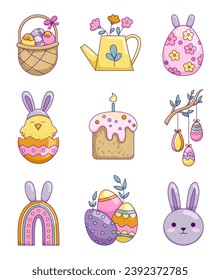 Items and characters Easter. Bunny, chick, eggs and flowers. Hand drawn style. Vector drawing. Collection of design elements.