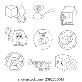 Items and characters sugar free. Coloring Page. No added. Healthy food concept. Proper diet, good nutrition. Hand drawn style. Vector drawing. Collection of design elements.