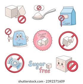 Items and characters sugar free. No added. Healthy food concept. Proper diet, good nutrition. Hand drawn style. Vector drawing. Collection of design elements.