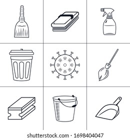 Items for cleaning and wiping and disposing, household cleaning sponge and mop , bacteria sign and broom, bin with bucket , sprayer and scoop, vector illustration