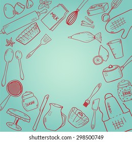Items for cooking and baking in doodle style. Template with place for text