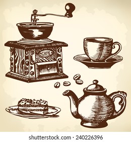 Items for cooking and drinking coffee. Drawing.