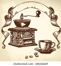 Items for cooking and drinking coffee. Drawing.