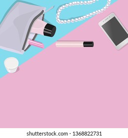 Items of cosmetics and jewelry, smartphone. Silver and pink tones. Beauty Style