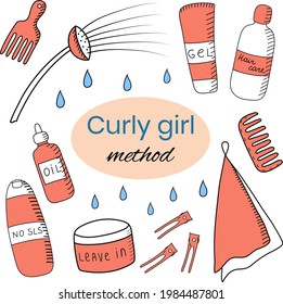 Items for curly hair care in doodle style. Colorful vector illustration set. Perfect for a hair salon or beauty salon. Curly girl method concept