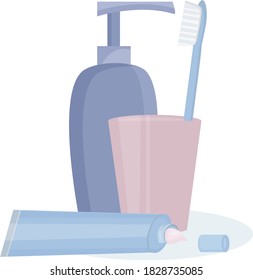 items of daily oral hygiene. Oral rinse, glass beaker and toothbrush.  It is very important to brush your teeth correctly and on time. Flat vector design