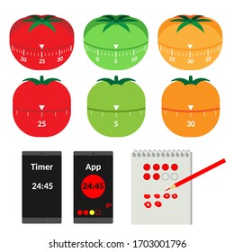 Items for describing the Pomodoro Technique for Time Managment. Tomato mecanical timers. Time Intervals of Work and Rest. Accounting for the numbers of  pomodoros. Vector Illustration. White Isolated.