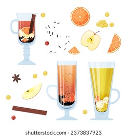 Items for design postcard or poster for a holiday invitation. Fruit tea in glasses, apple, orange and berries in a cartoon flat style, highlighted on a white background.