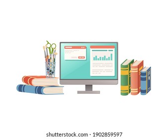 Items for desk workplace concept for home workstation with monitor books and stationery vector illustration on white background