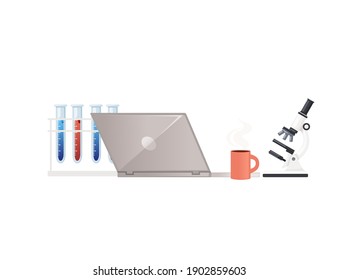 Items for desk workplace concept for home workstation with laptop microscope and test tubes vector illustration on white background