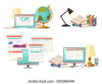 Items for desk workplace concept for home workstation with monitor books and stationery vector illustration on white background