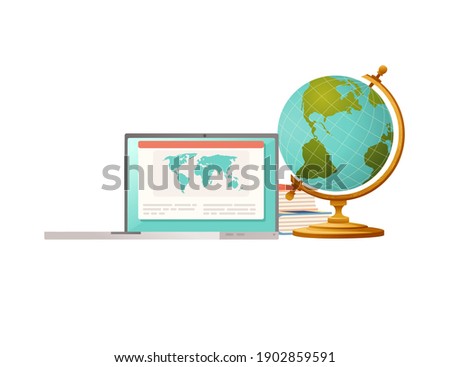 Items for desk workplace concept for home workstation with laptop and earth globe vector illustration on white background