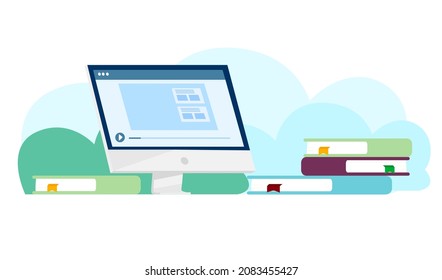 items for distance learning, computer standing on the table, and textbooks vector illustration