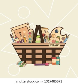 items for drawing in the basket. drawing tools